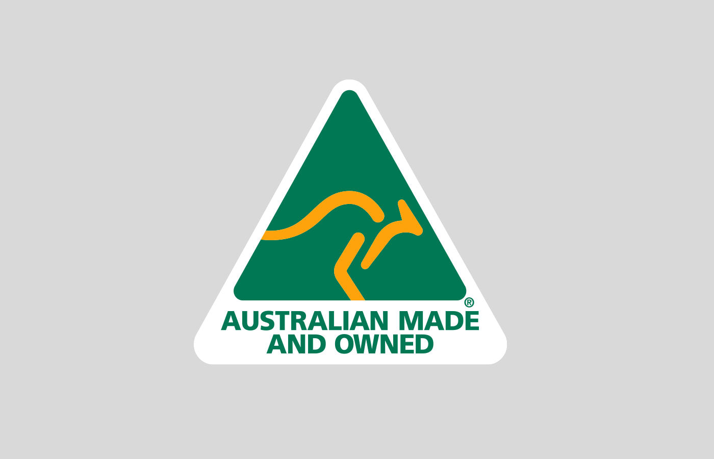 Australian Made and Owned logo featuring a yellow kangaroo within a green triangle on a grey background.