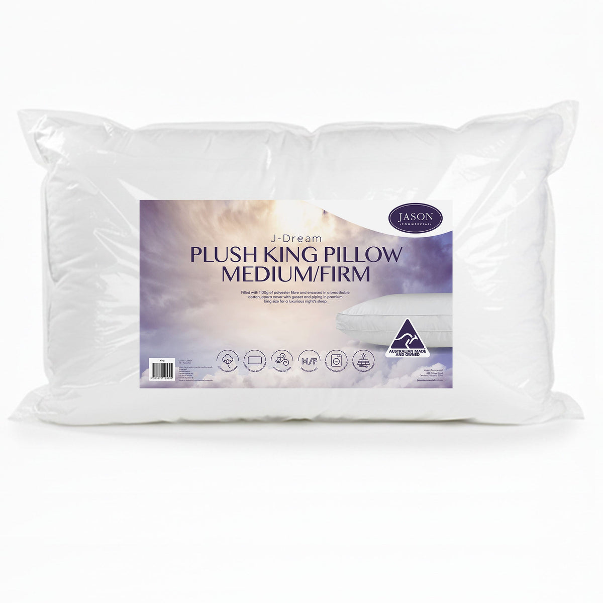 J-Dream Plush medium firm king pillow in retail packaging