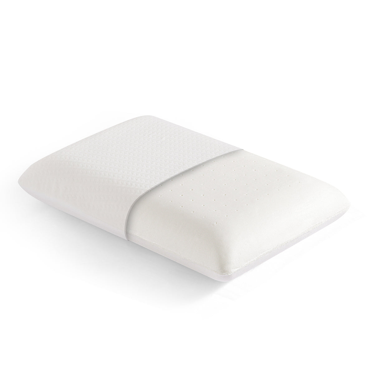 White BreezeAir memory foam pillow with a jacquard knitted cover and perforated foam core, shown in a cutaway view on a white background.