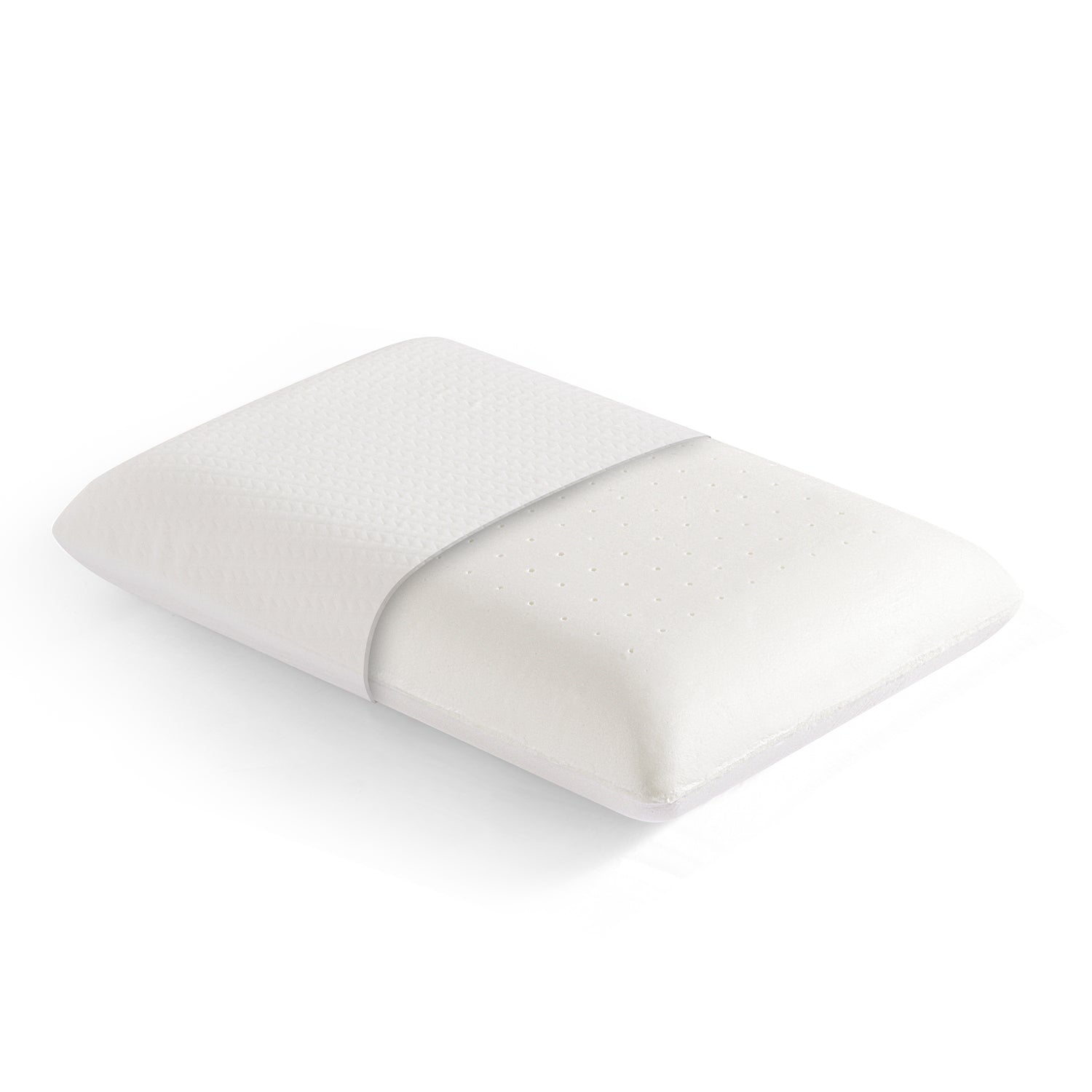White BreezeAir memory foam pillow with a jacquard knitted cover and perforated foam core, shown in a cutaway view on a white background.