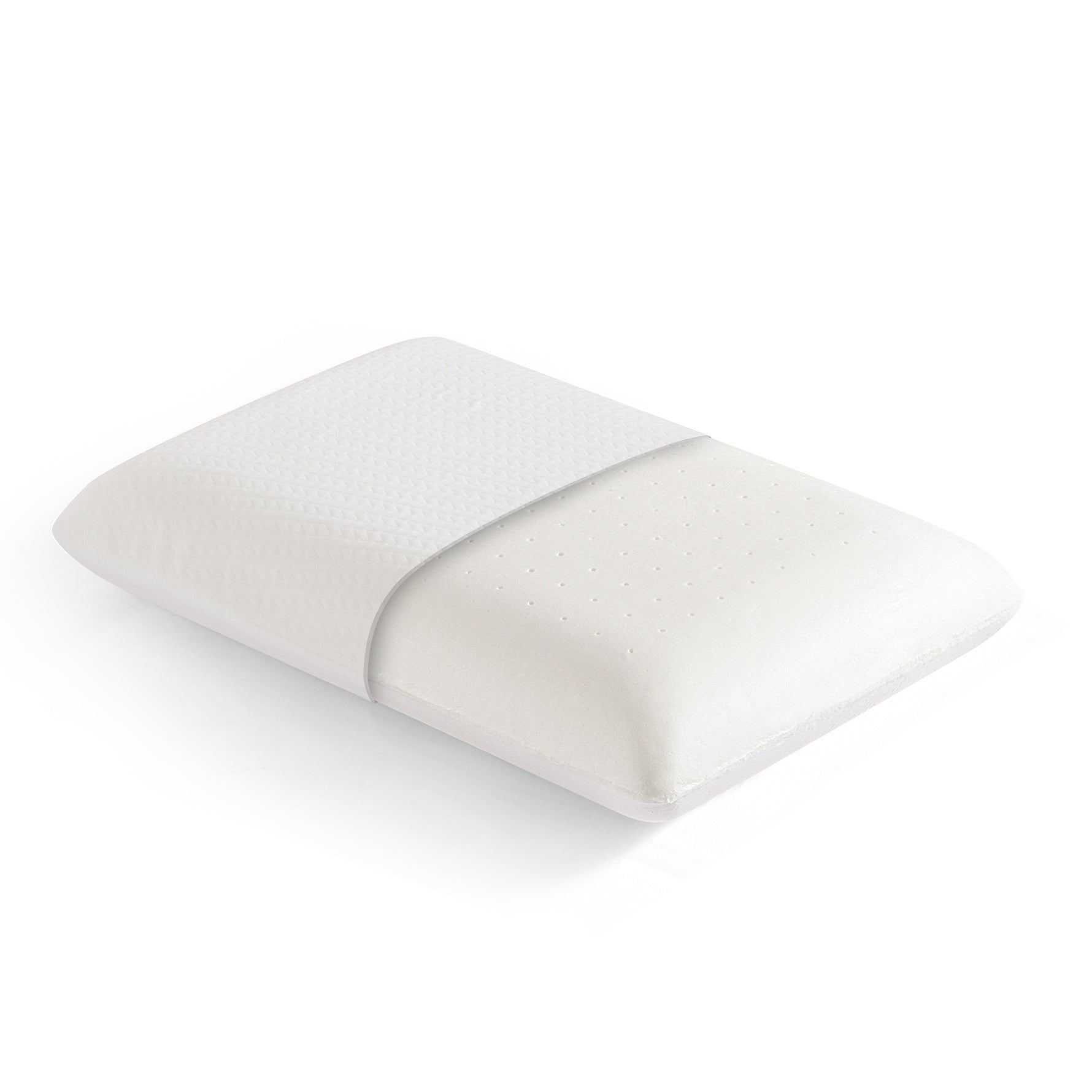 White BreezeAir memory foam pillow with a jacquard knitted cover and perforated foam core, shown in a cutaway view on a white background.
