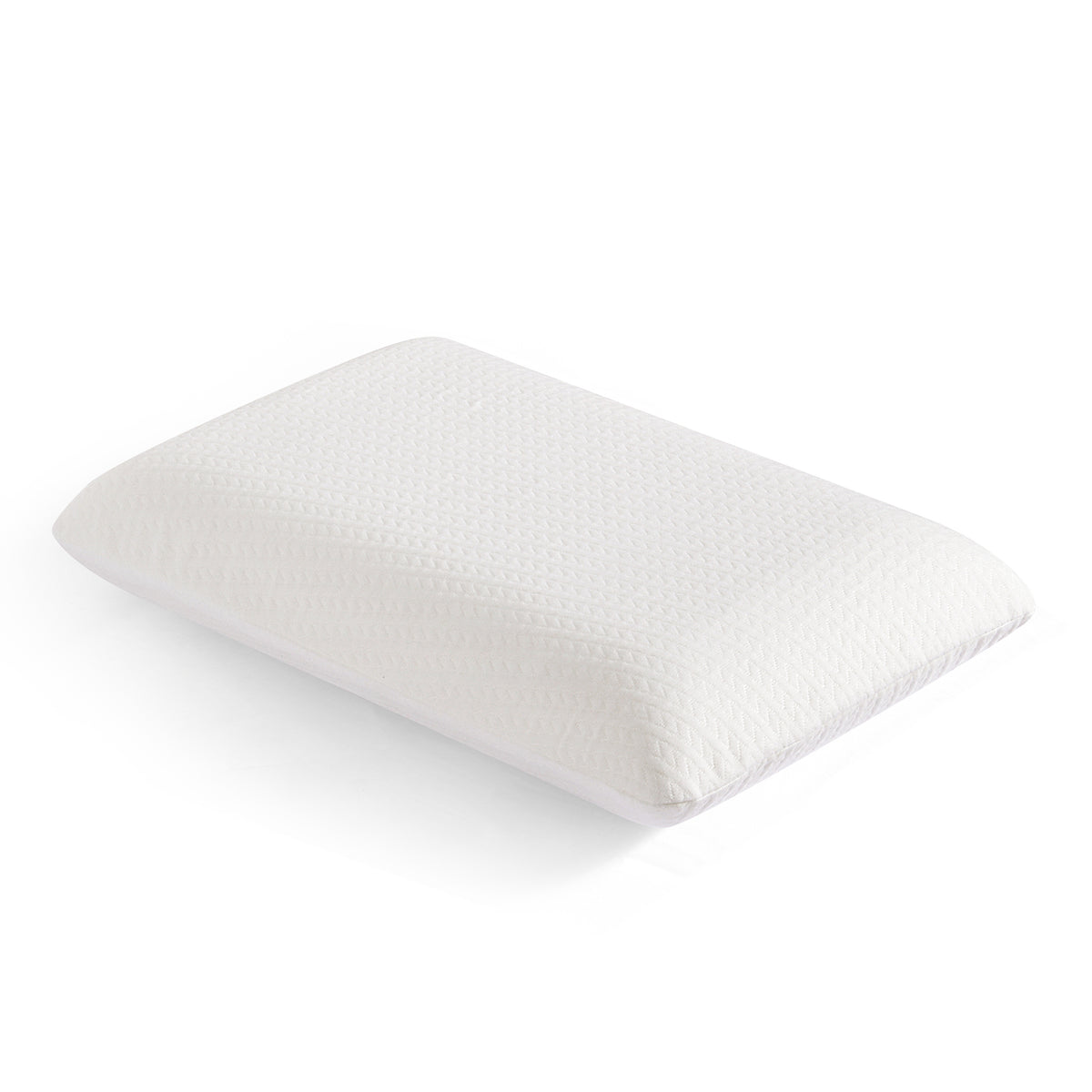 White BreezeAir memory foam pillow with a jacquard knitted cover shown in three-quarter view on a white background.