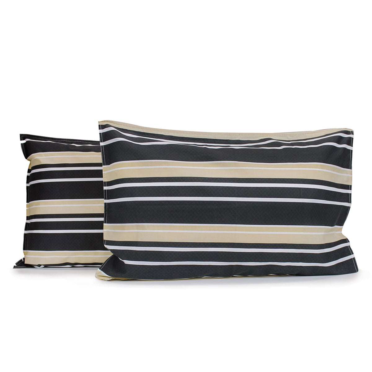 Pair of Brighton Stripe pillowcases featuring horizontal white and beige printed stripes on a charcoal grey geometric diamond print background with tailored edges, fitted over pillows on a white background.