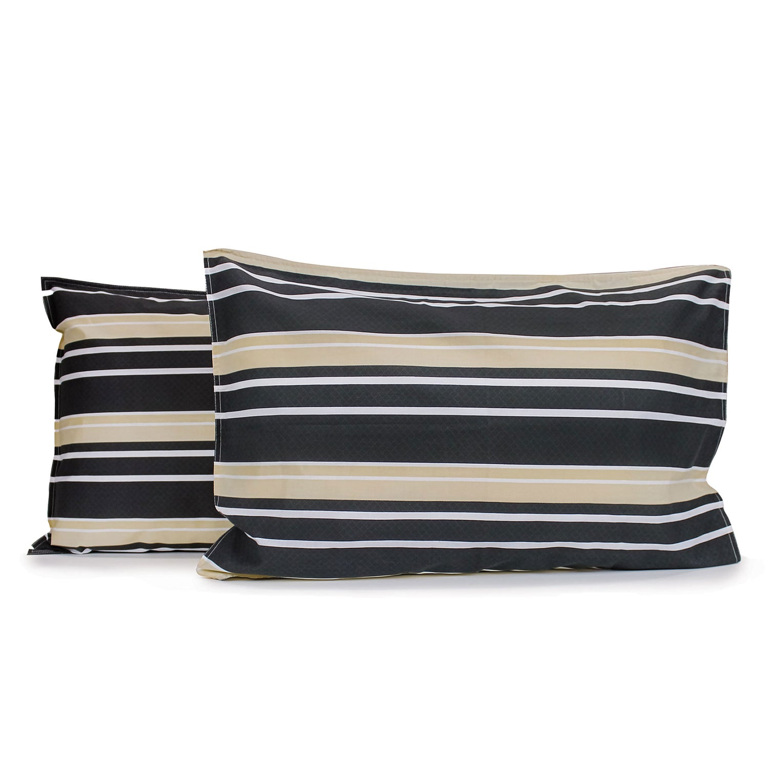 Pair of Brighton Stripe pillowcases featuring horizontal white and beige printed stripes on a charcoal grey geometric diamond print background with tailored edges, fitted over pillows on a white background.