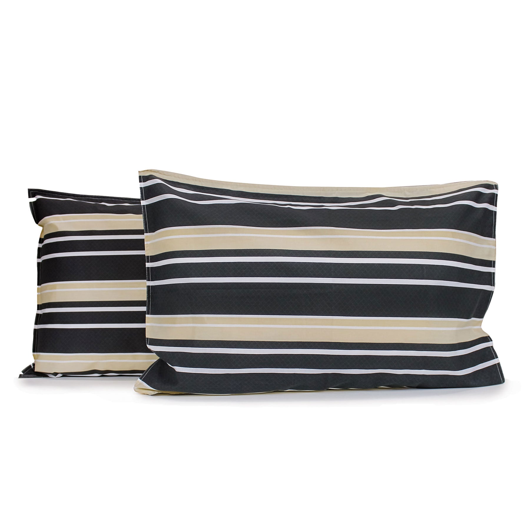 Pair of Brighton Stripe pillowcases featuring horizontal white and beige printed stripes on a charcoal grey geometric diamond print background with tailored edges, fitted over pillows on a white background.