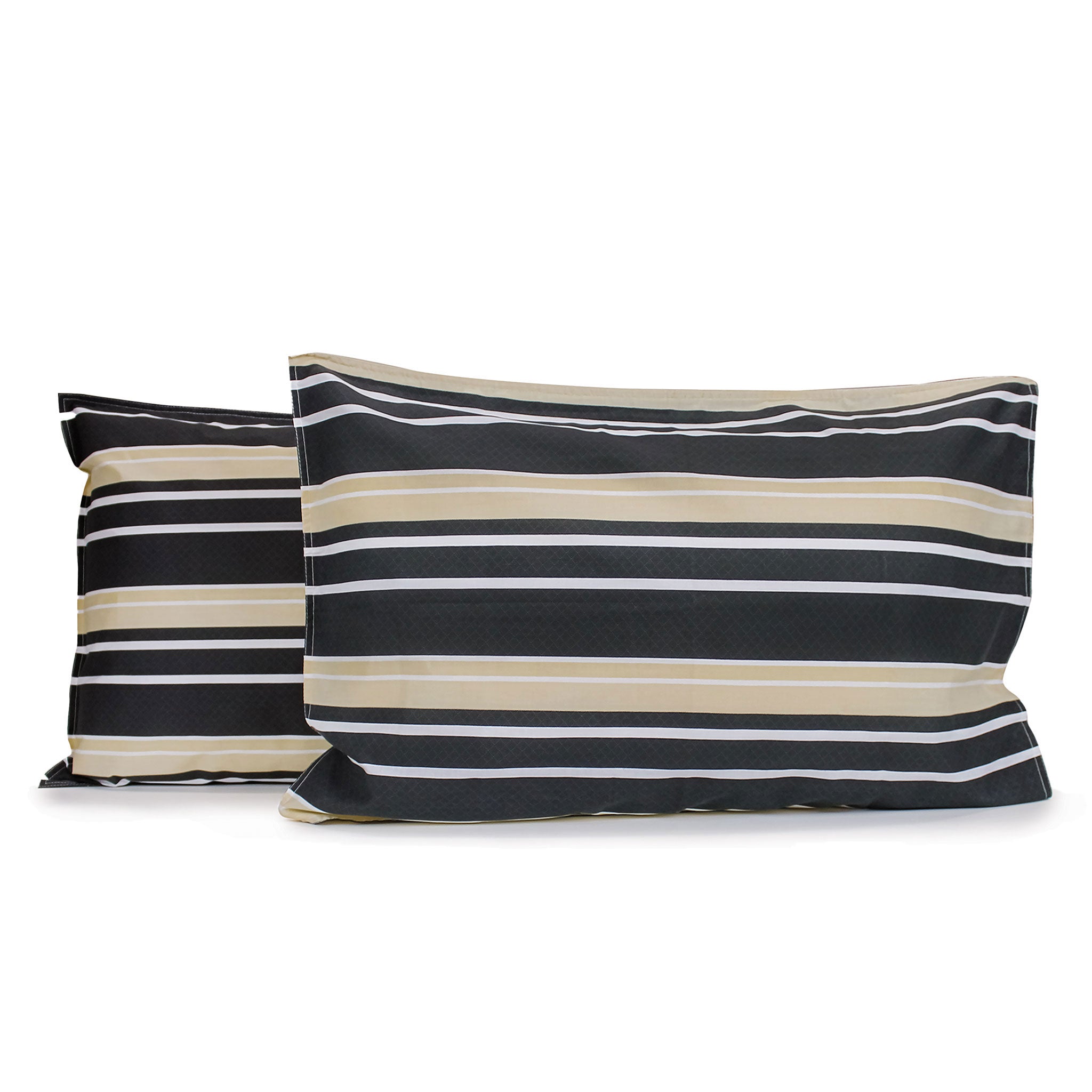 Pair of Brighton Stripe pillowcases featuring horizontal white and beige printed stripes on a charcoal grey geometric diamond print background with tailored edges, fitted over pillows on a white background.