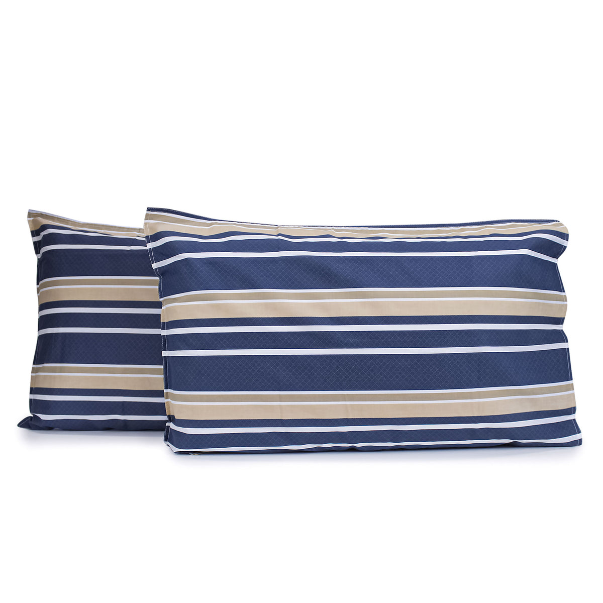 Pair of Brighton Stripe pillowcases featuring horizontal white and beige printed stripes on a midnight blue geometric diamond print background with tailored edges, fitted over pillows on a white background.