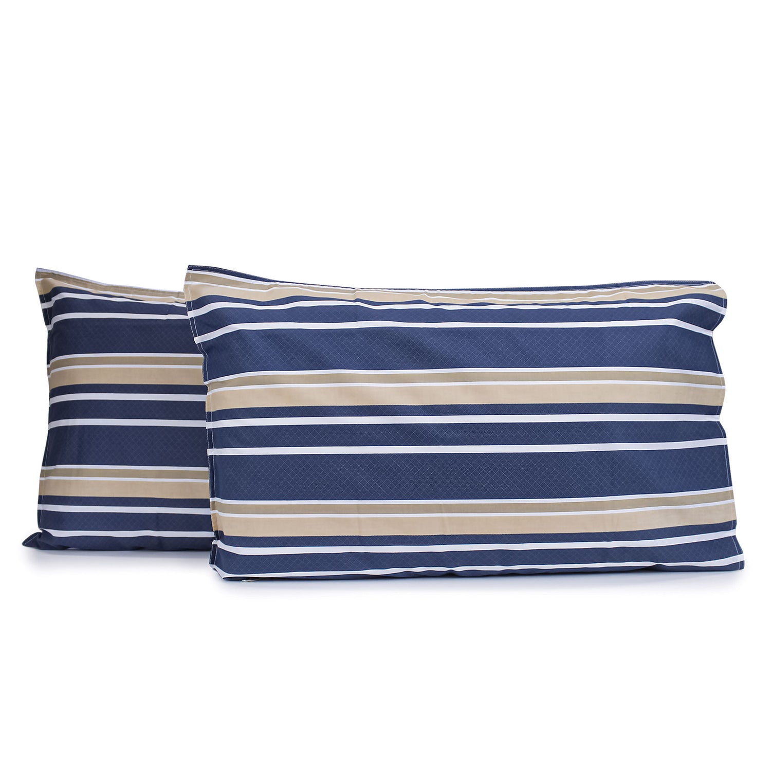 Pair of Brighton Stripe pillowcases featuring horizontal white and beige printed stripes on a midnight blue geometric diamond print background with tailored edges, fitted over pillows on a white background.