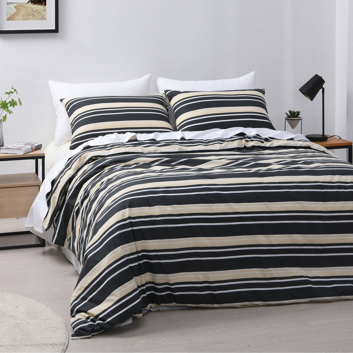 Brighton Stripe quilt cover set in charcoal shown at an angle