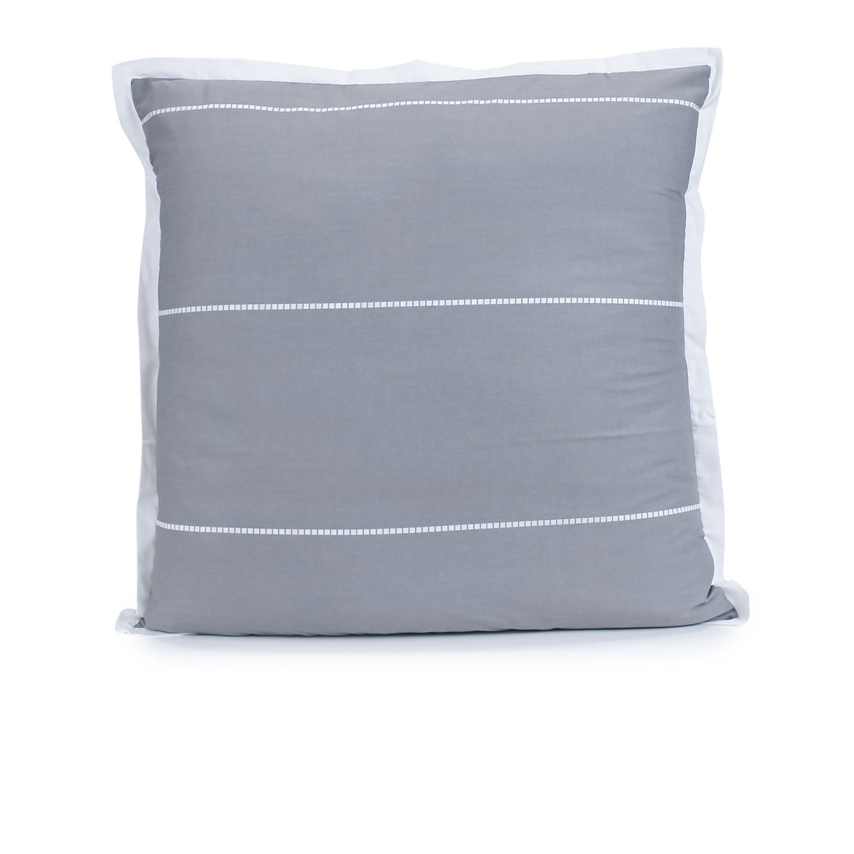 Granite grey Calista European pillowcase with white horizontal printed dashed stripes and a white tailored edge, fitted over a pillow on a white background.