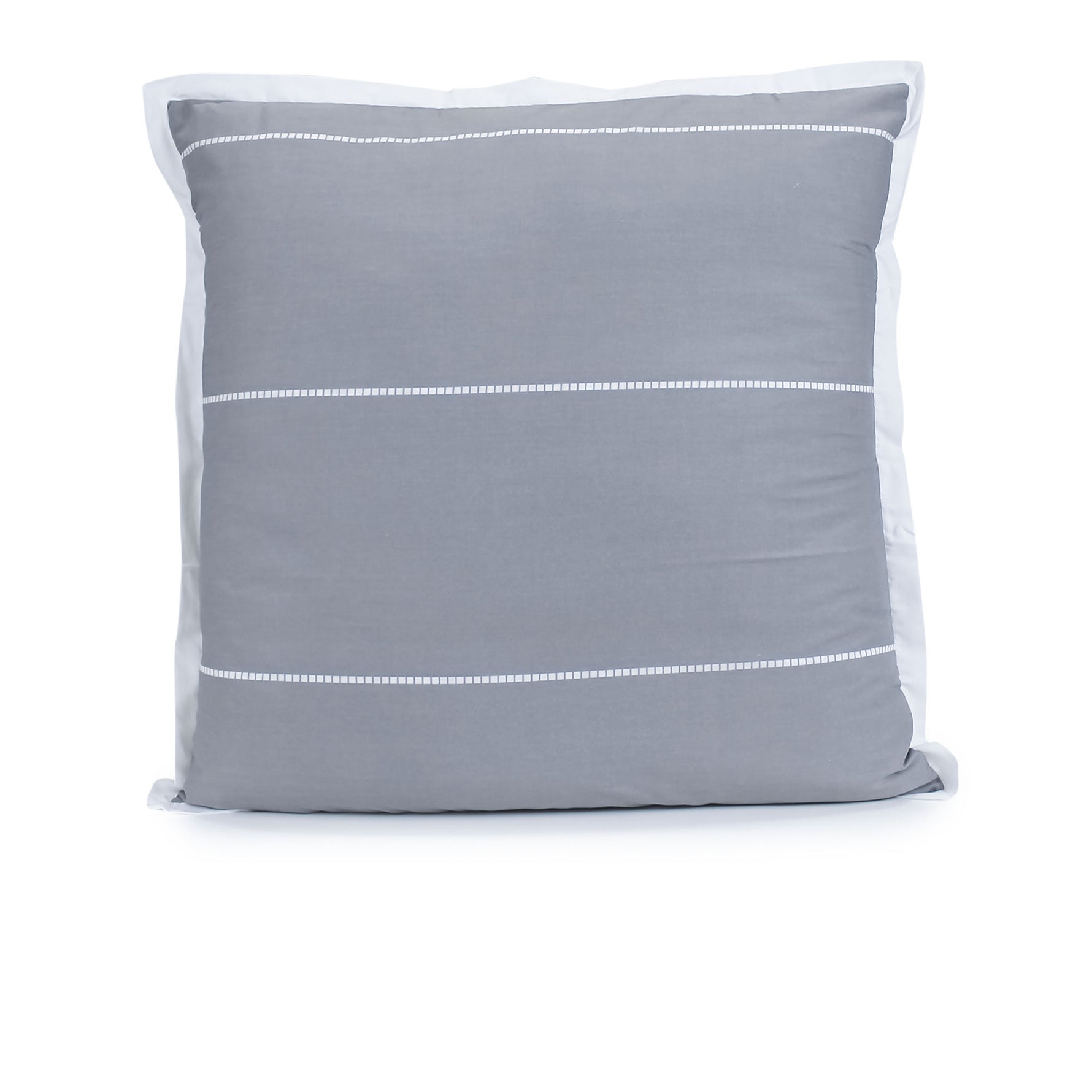Granite grey Calista European pillowcase with white horizontal printed dashed stripes and a white tailored edge, fitted over a pillow on a white background.