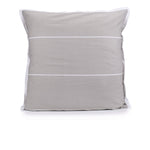 Hazel beige Calista European pillowcase with white horizontal printed dashed stripes and a white tailored edge, fitted over a pillow on a white background.