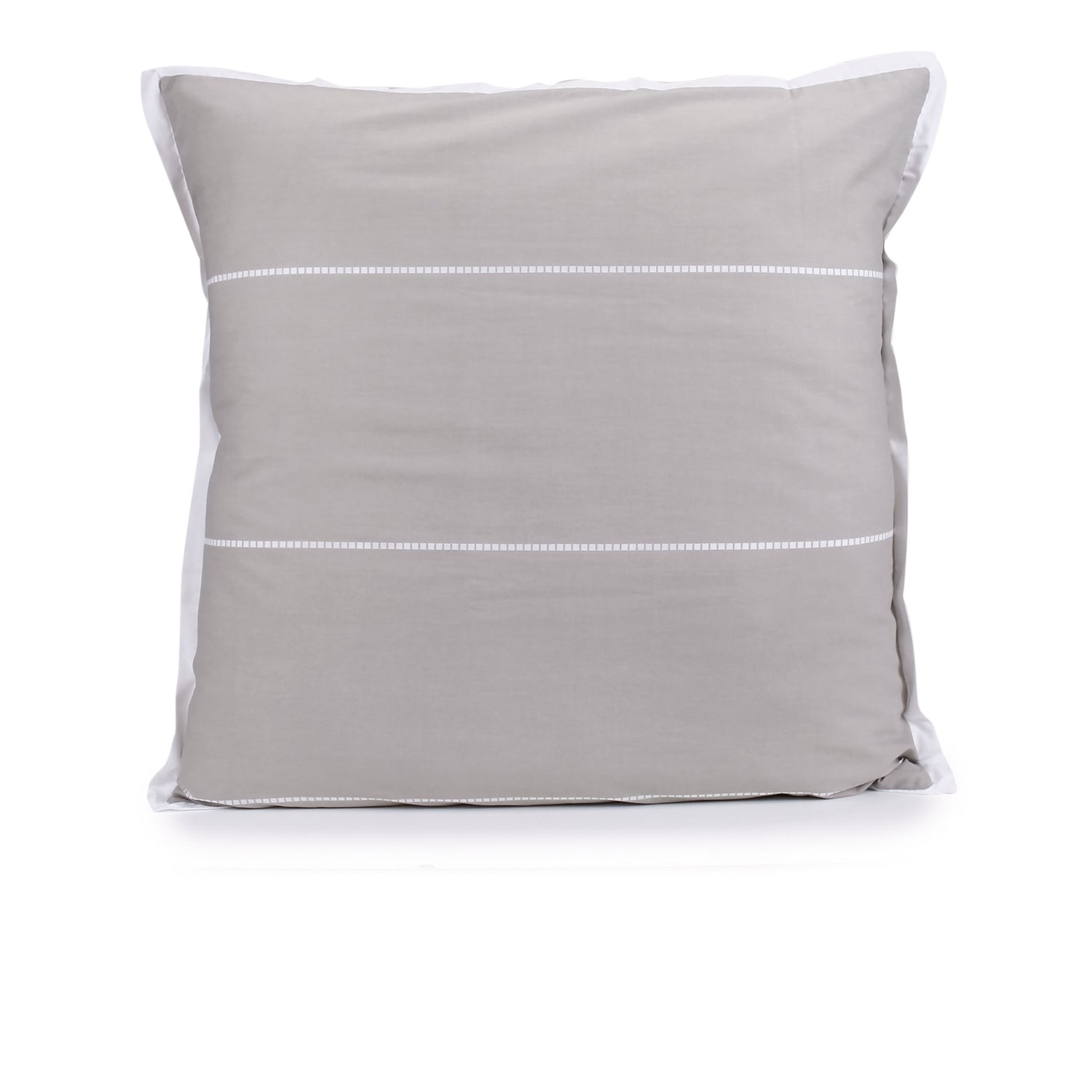 Hazel beige Calista European pillowcase with white horizontal printed dashed stripes and a white tailored edge, fitted over a pillow on a white background.