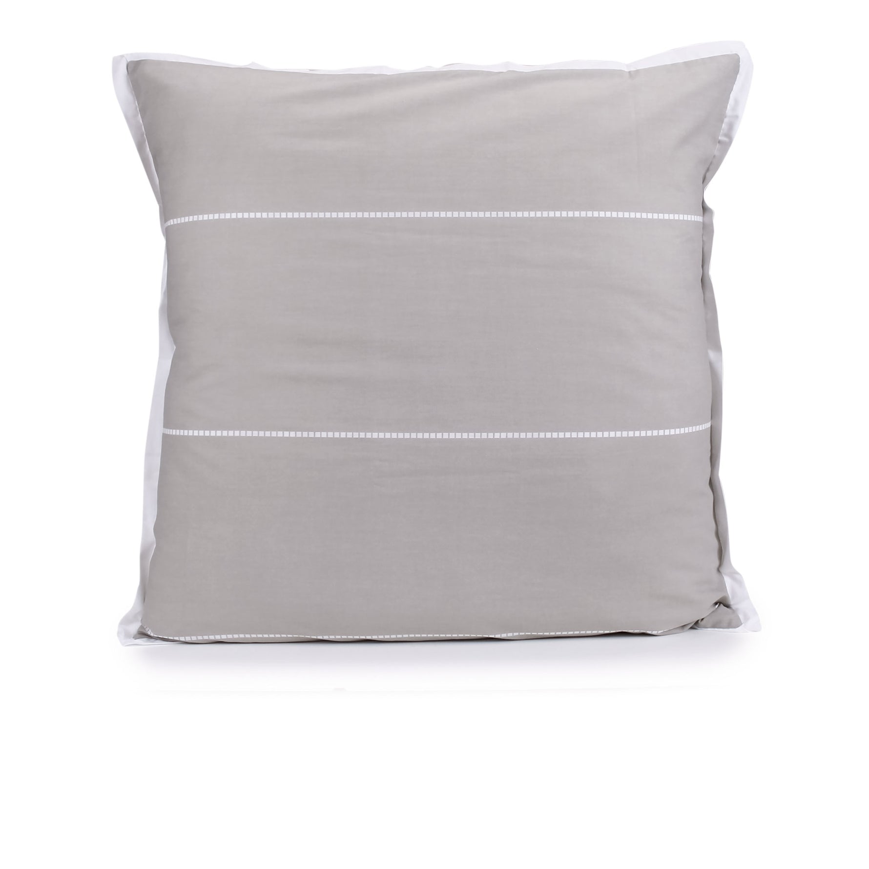 Hazel beige Calista European pillowcase with white horizontal printed dashed stripes and a white tailored edge, fitted over a pillow on a white background.