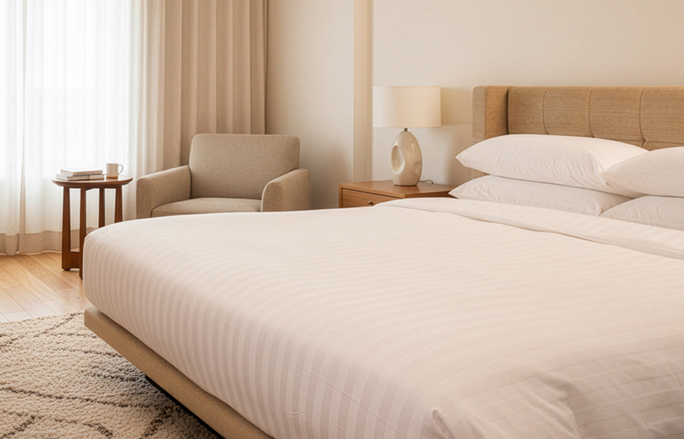 Neatly made bed with beige headboard and armchair in a bedroom setting.