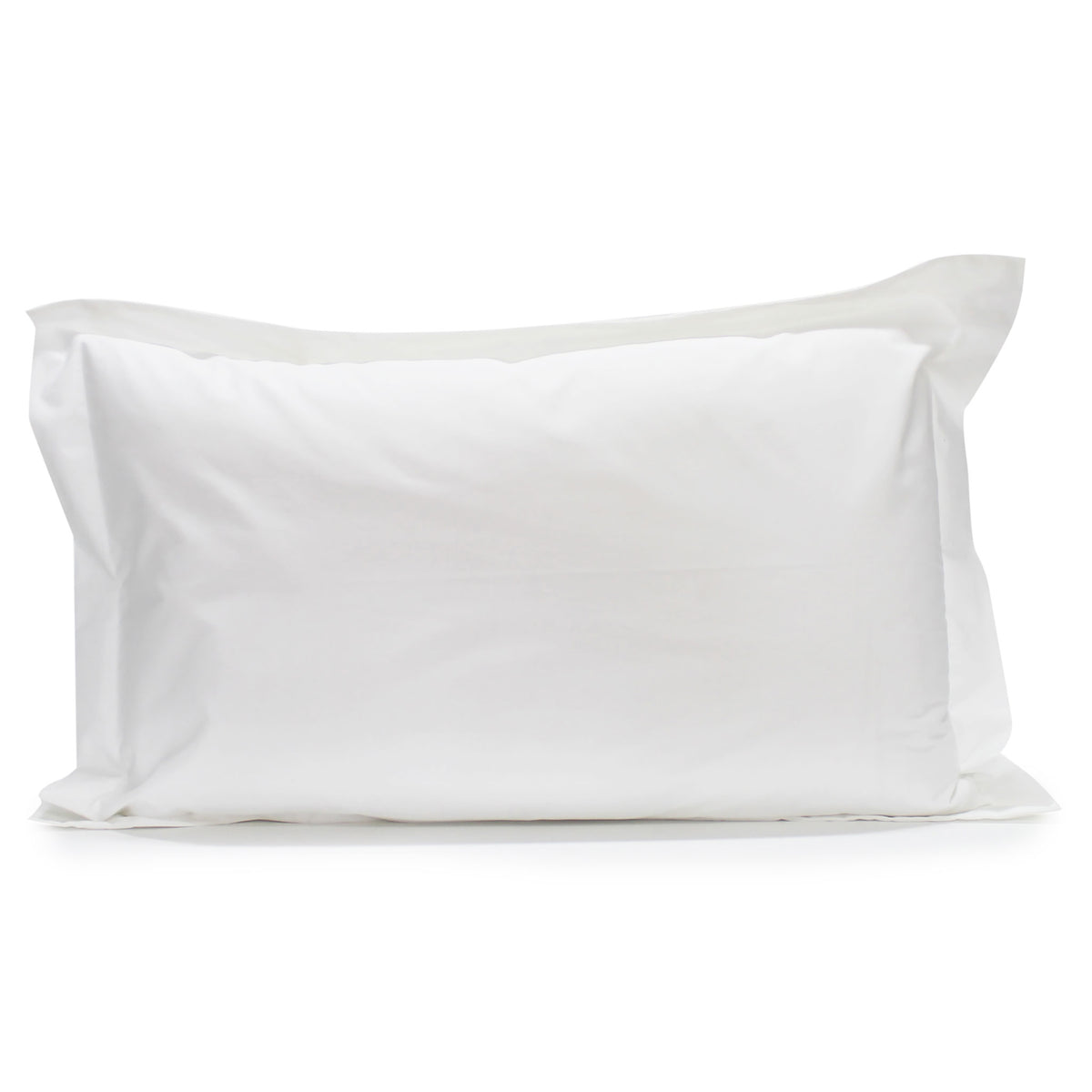 White Crisp poly-cotton percale pillowcase with a 5 cm tailored edge fitted over a pillow on a white background.