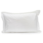 White Crisp poly-cotton percale pillowcase with a 5 cm tailored edge fitted over a pillow on a white background.