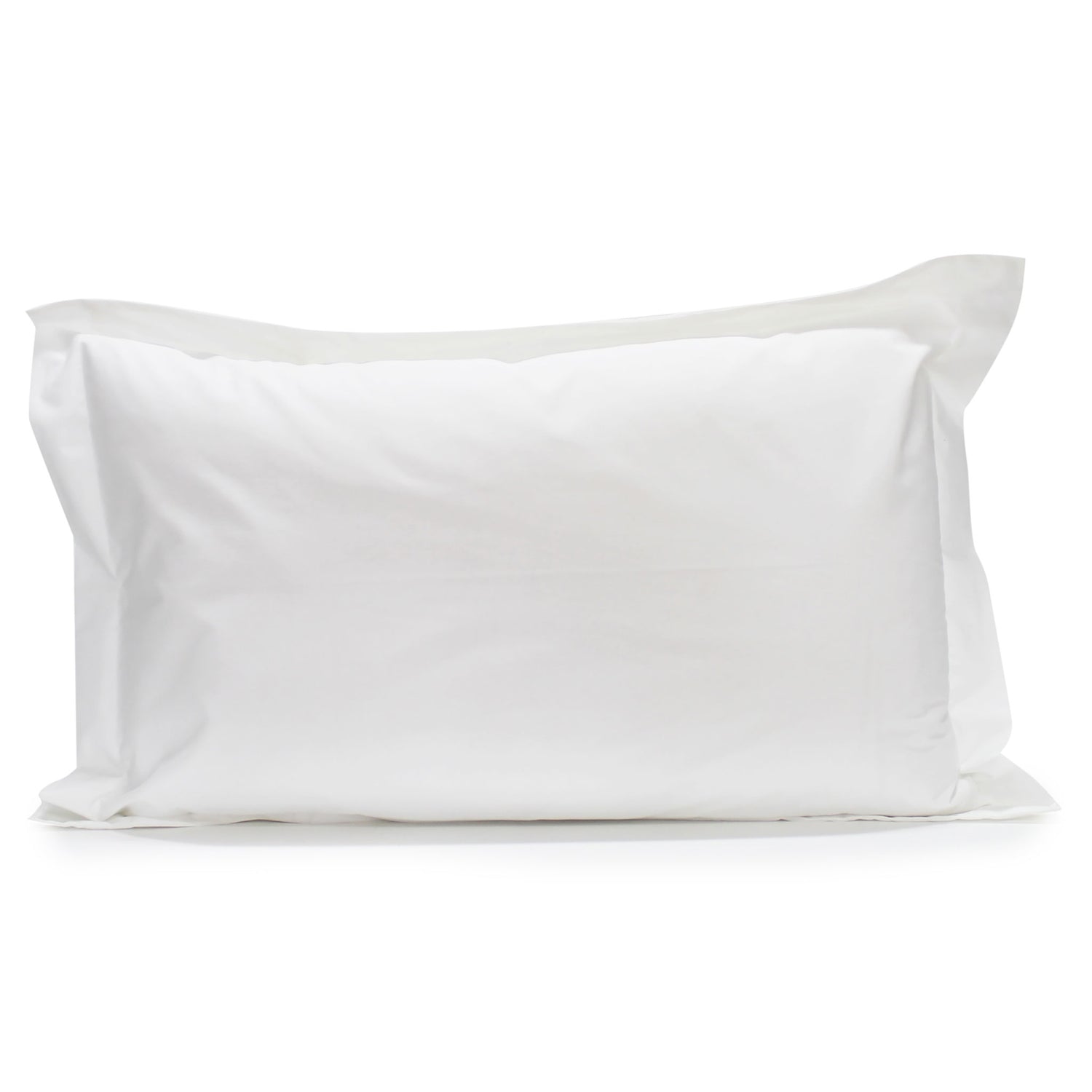 White Crisp poly-cotton percale pillowcase with a 5 cm tailored edge fitted over a pillow on a white background.
