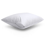 White Eva Clean waterproof pillow protector fitted over a pillow with a partially opened zip closure, revealing the pillow inside, on a white background.