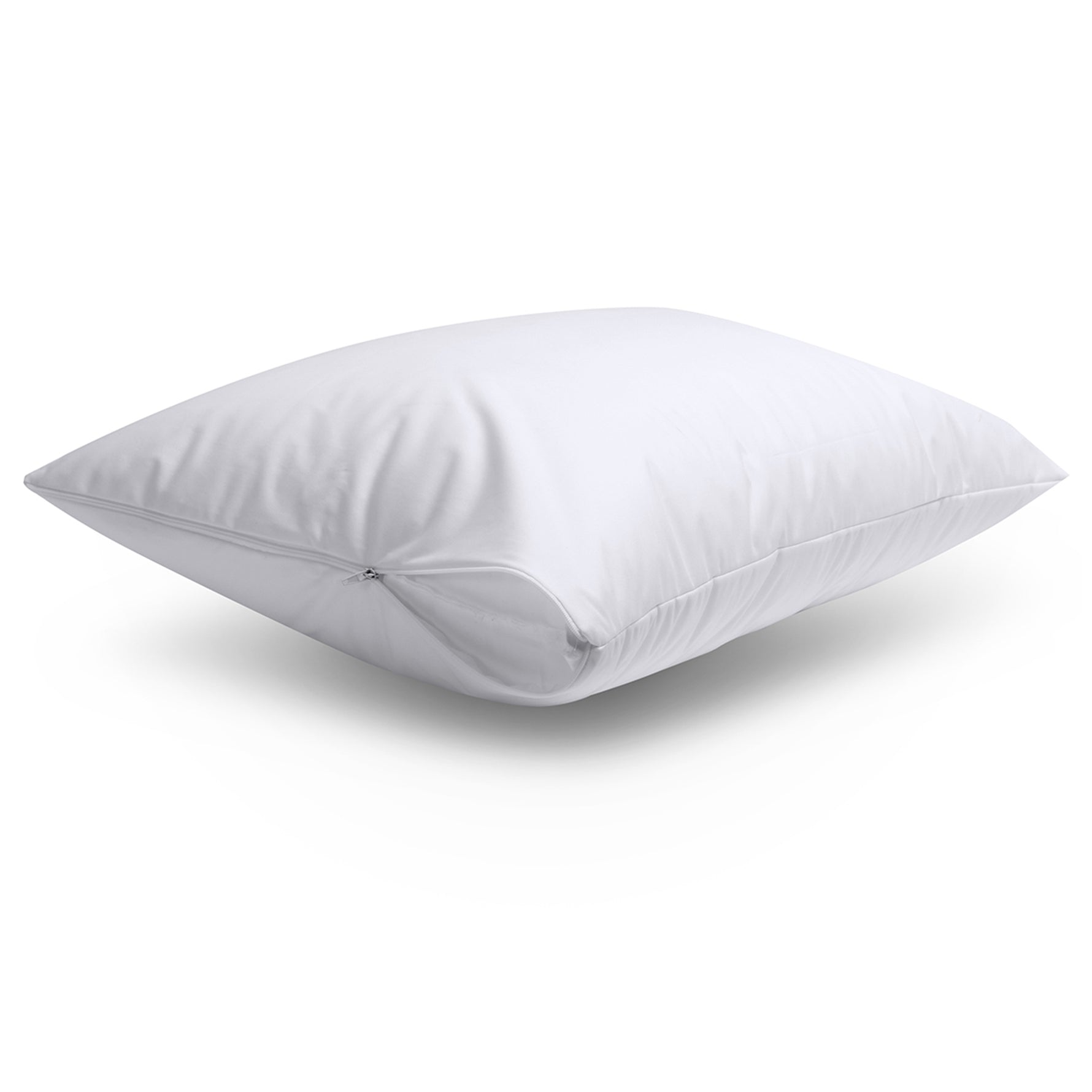 White Eva Clean waterproof pillow protector fitted over a pillow with a partially opened zip closure, revealing the pillow inside, on a white background.