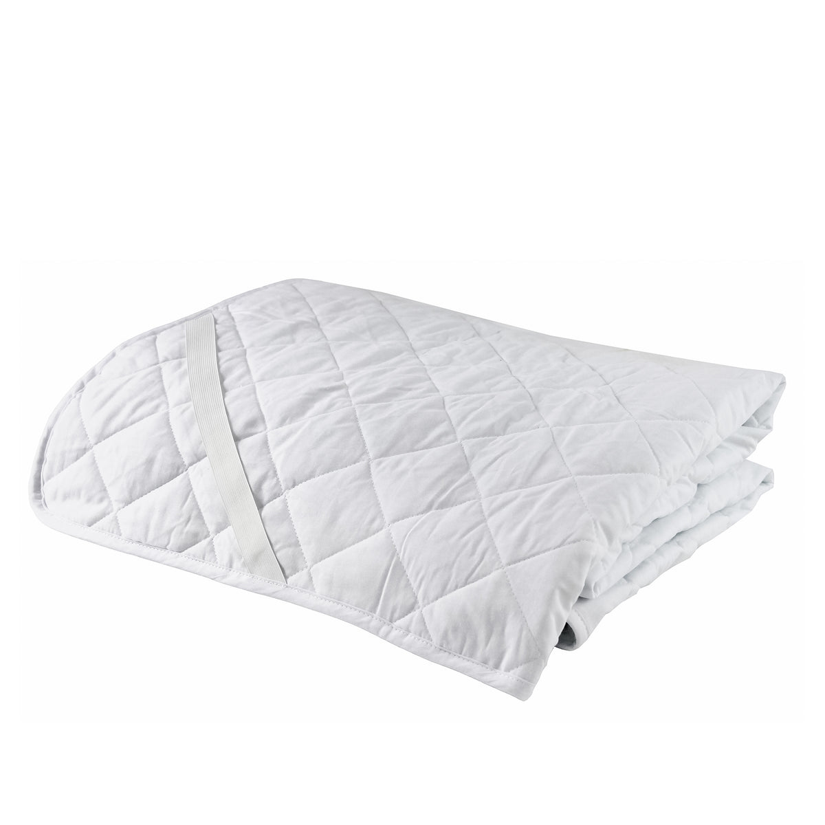 Folded white heavenly dreams strap-fit mattress protector with diamond quilting and elastic corner straps on a white background.