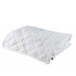 Folded white heavenly dreams strap-fit mattress protector with diamond quilting and elastic corner straps on a white background.