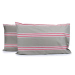 Pair of Hudson Stripe pillowcases in Latte with horizontal red and white printed stripes, fitted over pillows on a white background.