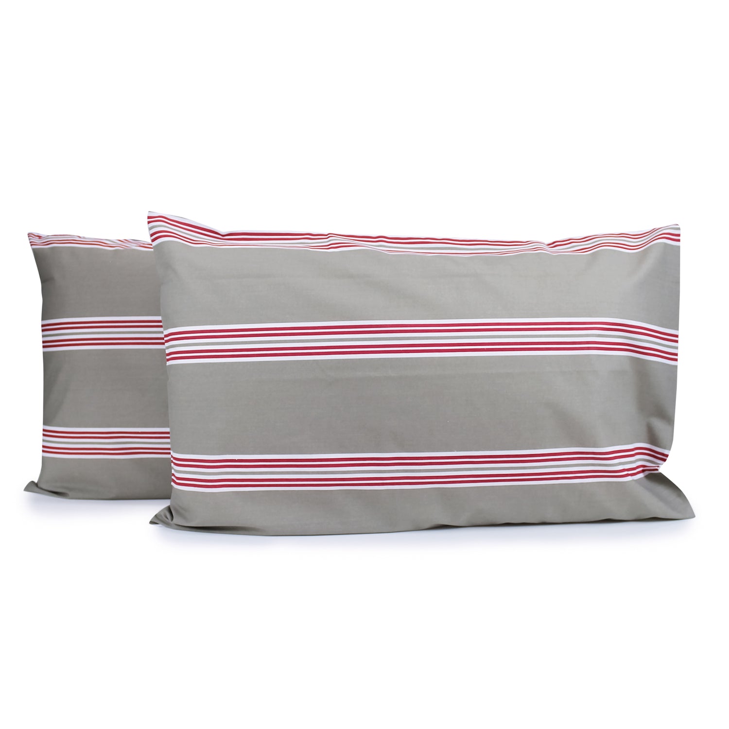 Pair of Hudson Stripe pillowcases in Latte with horizontal red and white printed stripes, fitted over pillows on a white background.