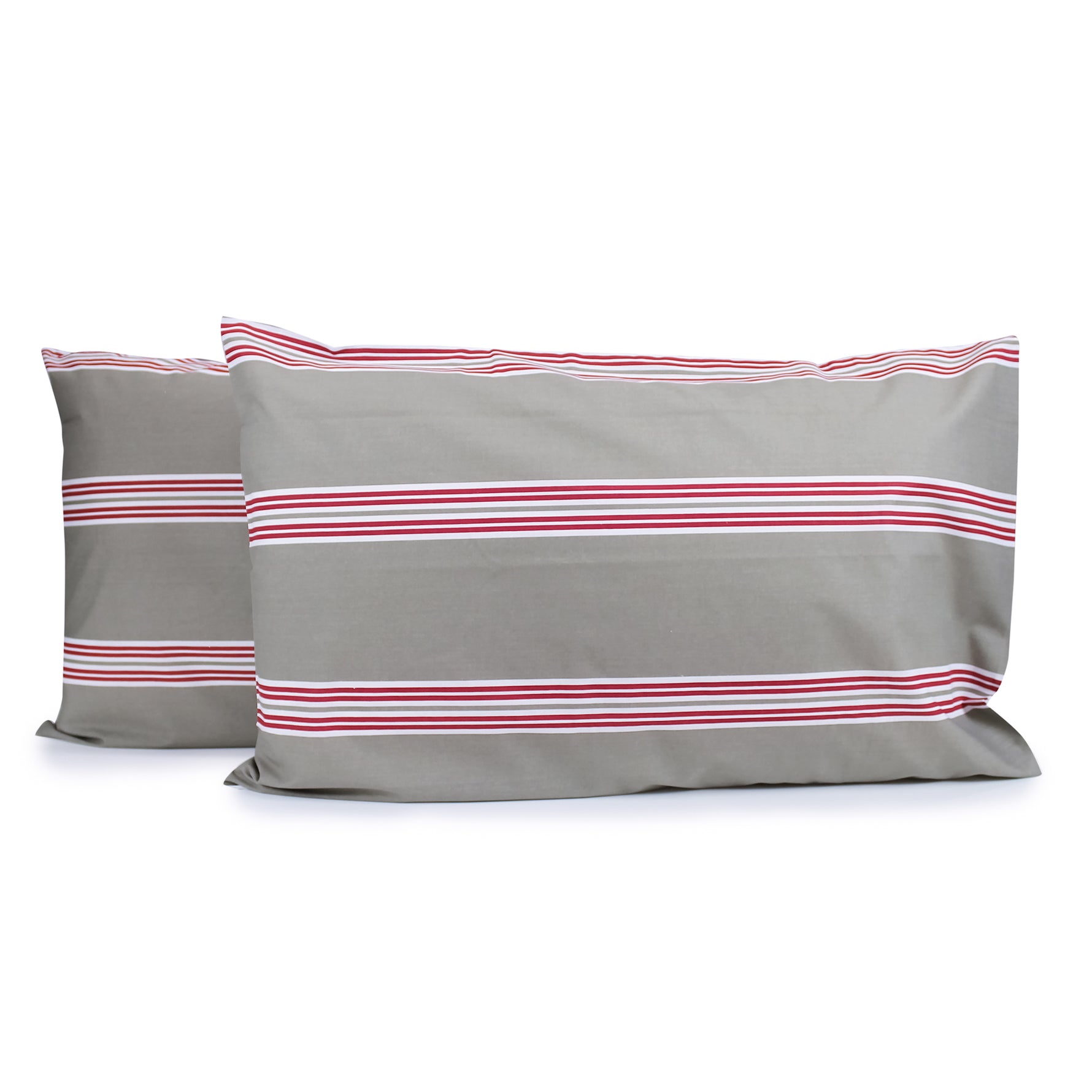 Pair of Hudson Stripe pillowcases in Latte with horizontal red and white printed stripes, fitted over pillows on a white background.