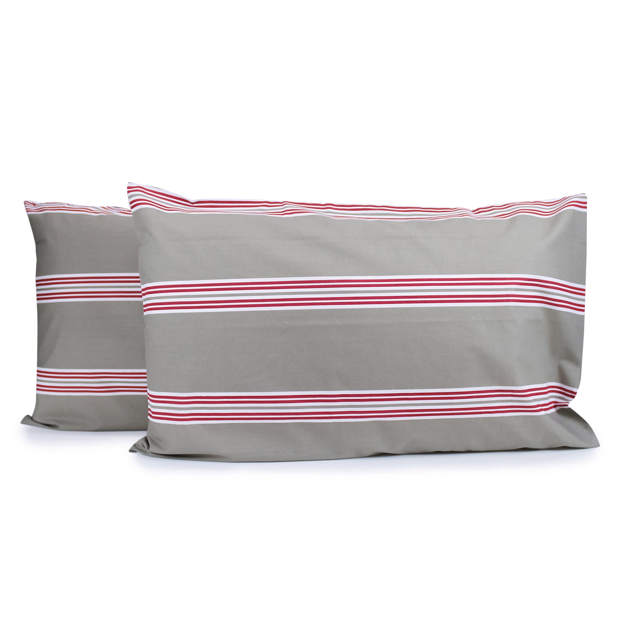 Pair of Hudson Stripe pillowcases in Latte with horizontal red and white printed stripes, fitted over pillows on a white background.
