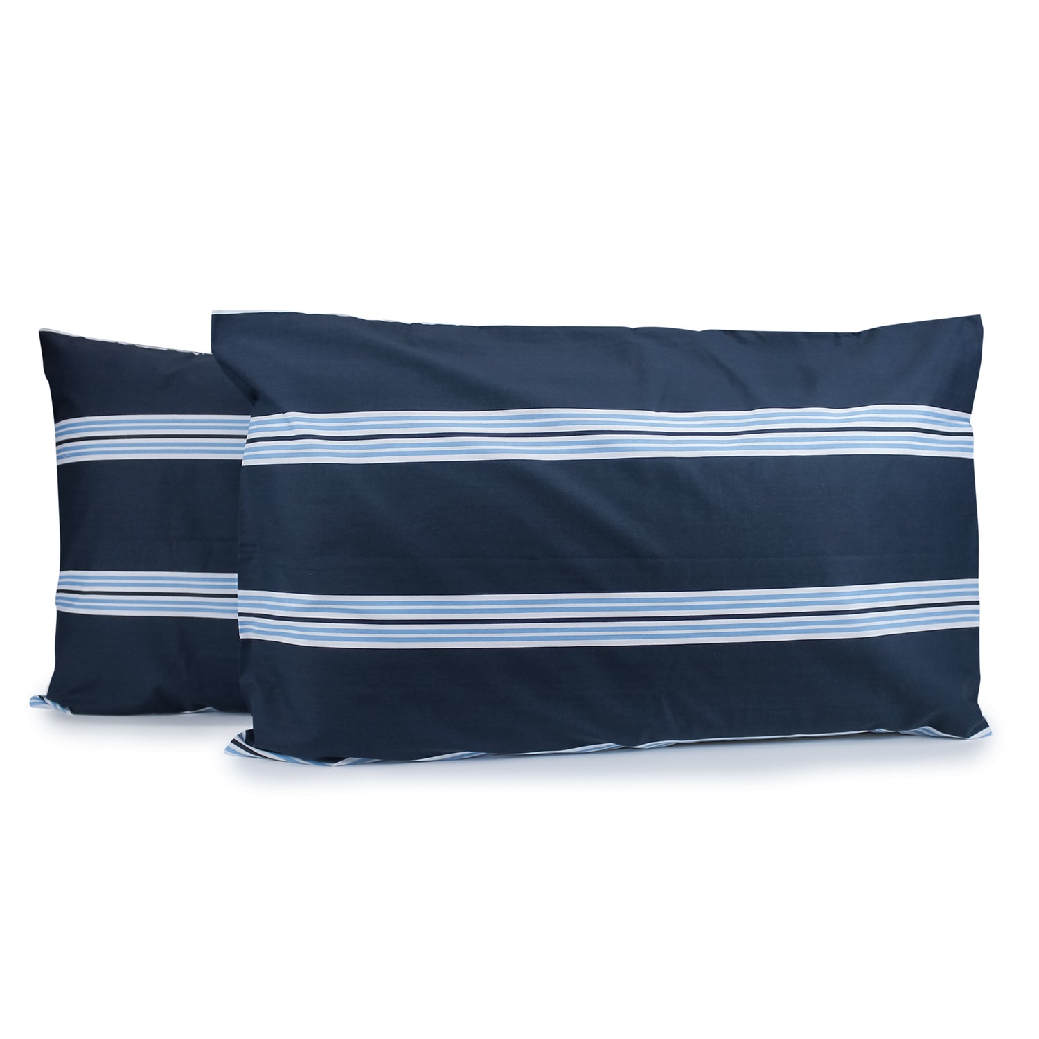 Pair of Hudson Stripe pillowcases in Navy with horizontal light blue and white printed stripes, fitted over pillows on a white background.