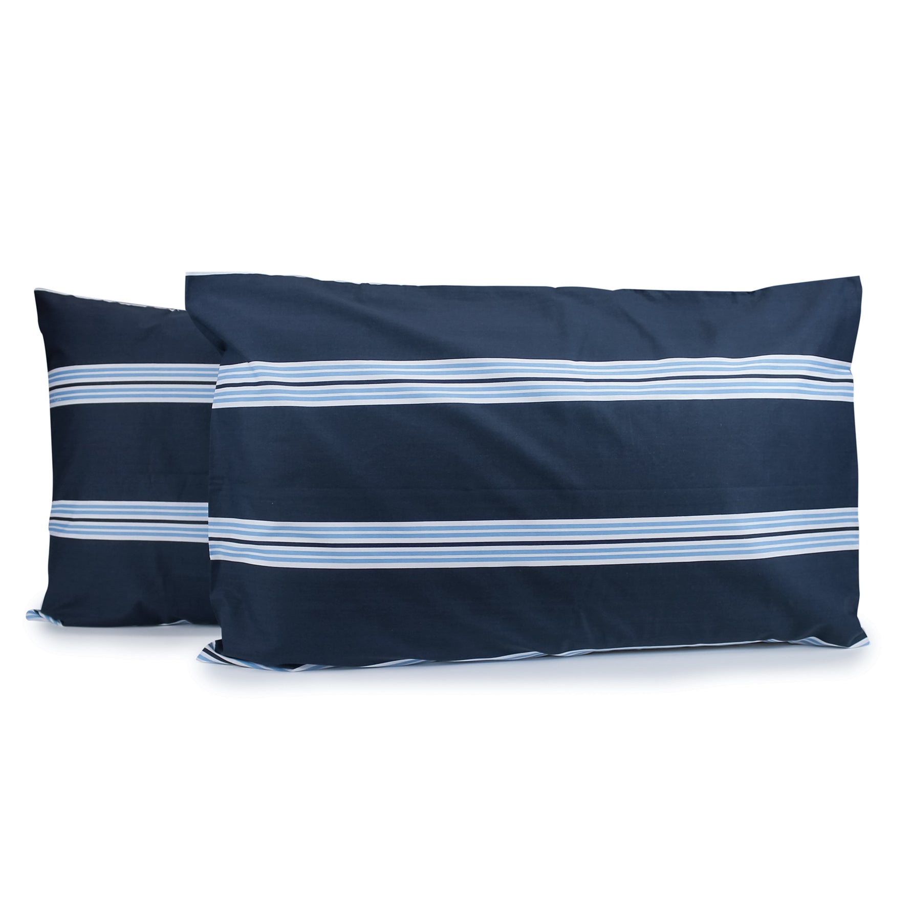 Pair of Hudson Stripe pillowcases in Navy with horizontal light blue and white printed stripes, fitted over pillows on a white background.