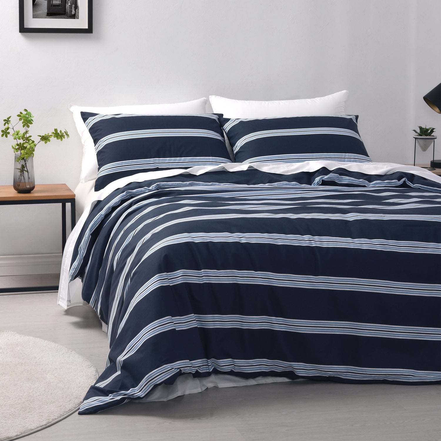 Hudson Stripe Navy Printed Quilt Cover Set