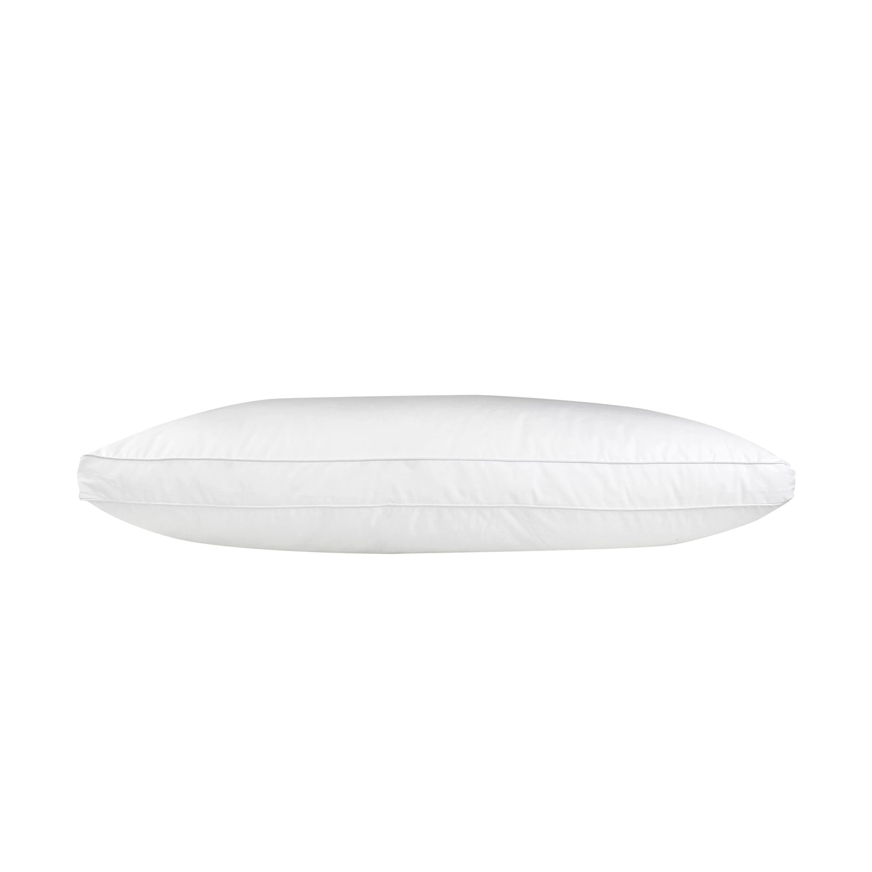 White J-Dream Plush gusseted pillow with a cotton Japara cover and piped edging, shown in side profile on a white background.