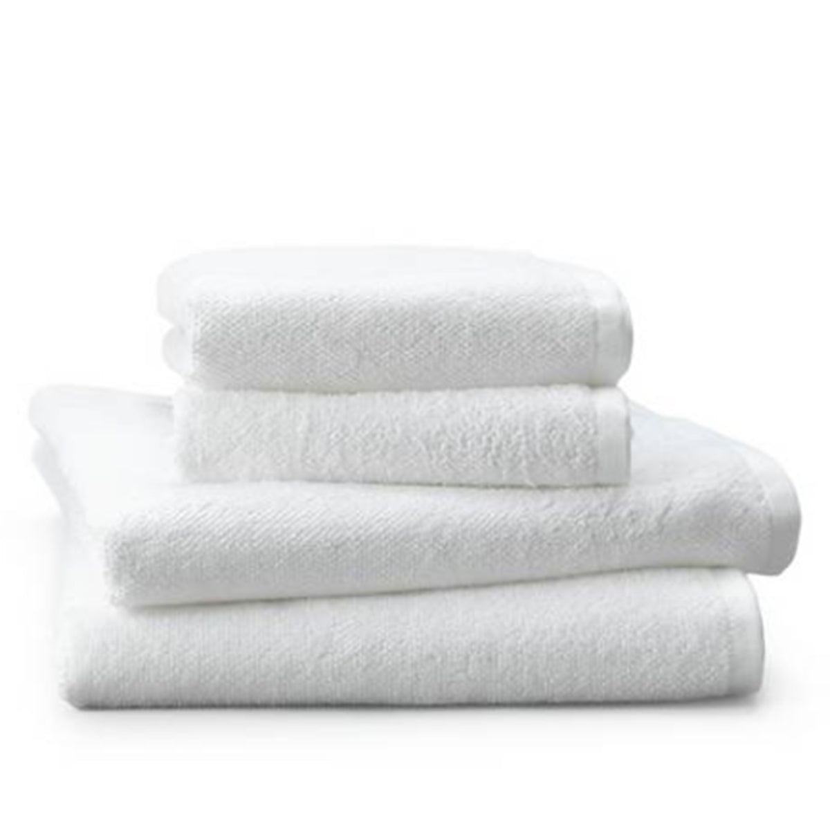 Stacked white terry towels in four sizes on a white background.