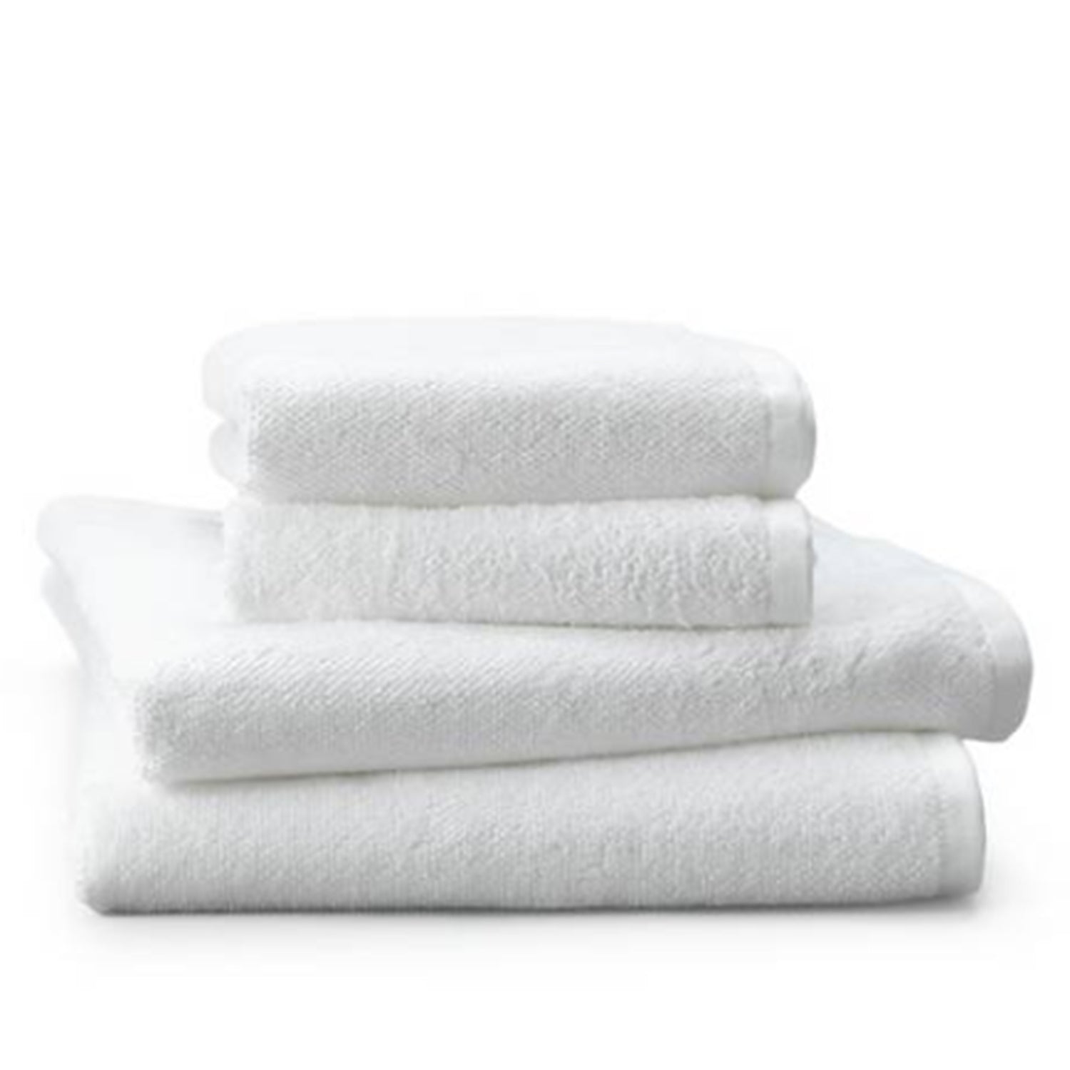 Stacked white terry towels in four sizes on a white background.