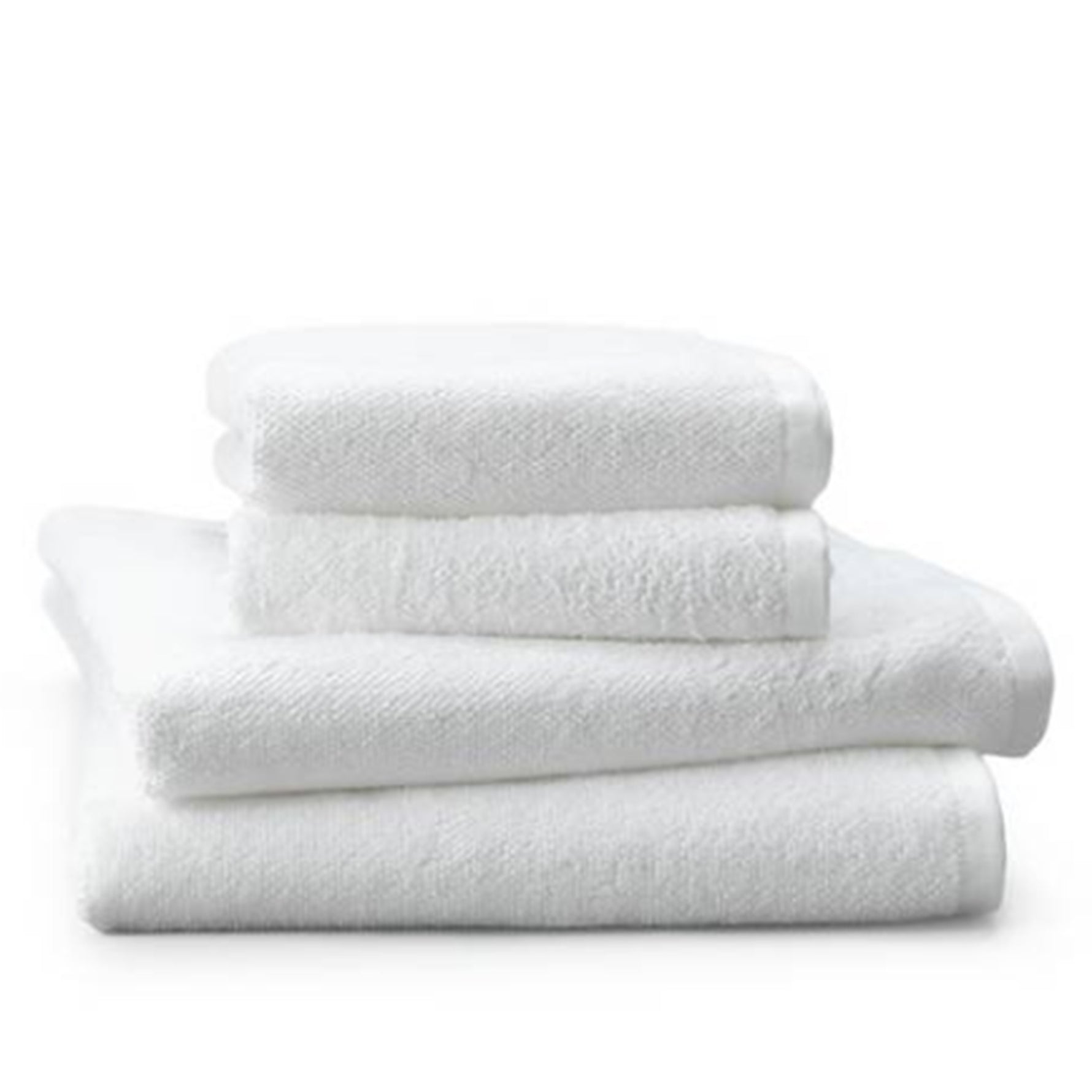 Stacked white terry towels in four sizes on a white background.