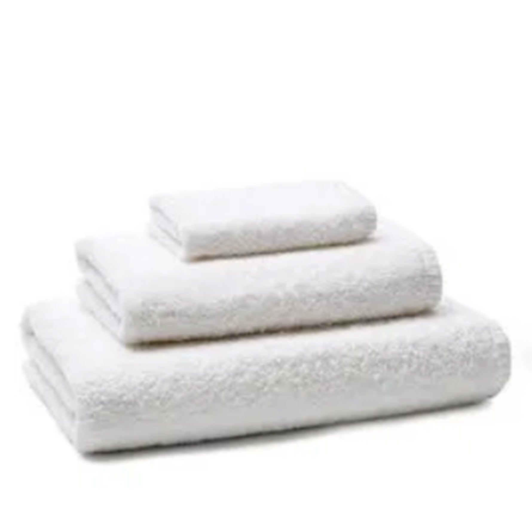 Stacked white terry towels in three sizes on a white background.