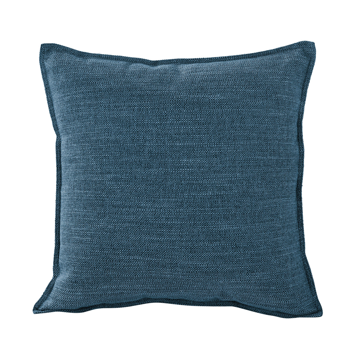 Square marine blue linen-look cushion with a 1 cm tailored edge on a white background.