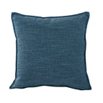 Square marine blue linen-look cushion with a 1 cm tailored edge on a white background.