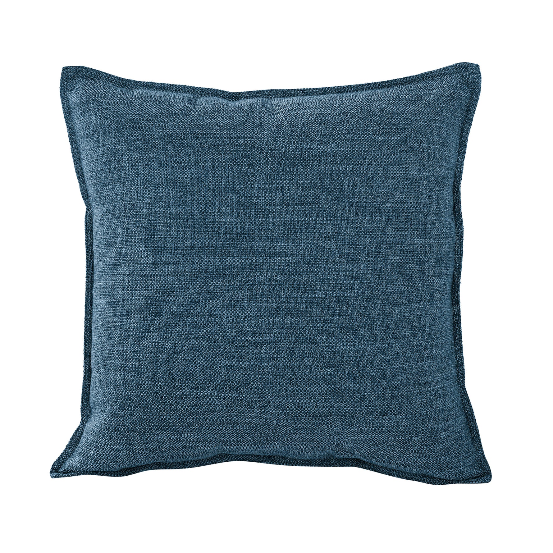 Square marine blue linen-look cushion with a 1 cm tailored edge on a white background.