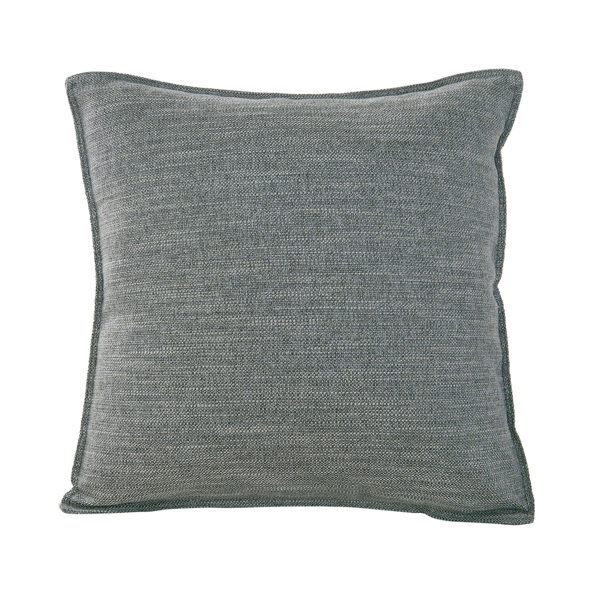 Square pewter grey linen-look cushion with a 1 cm tailored edge on a white background.