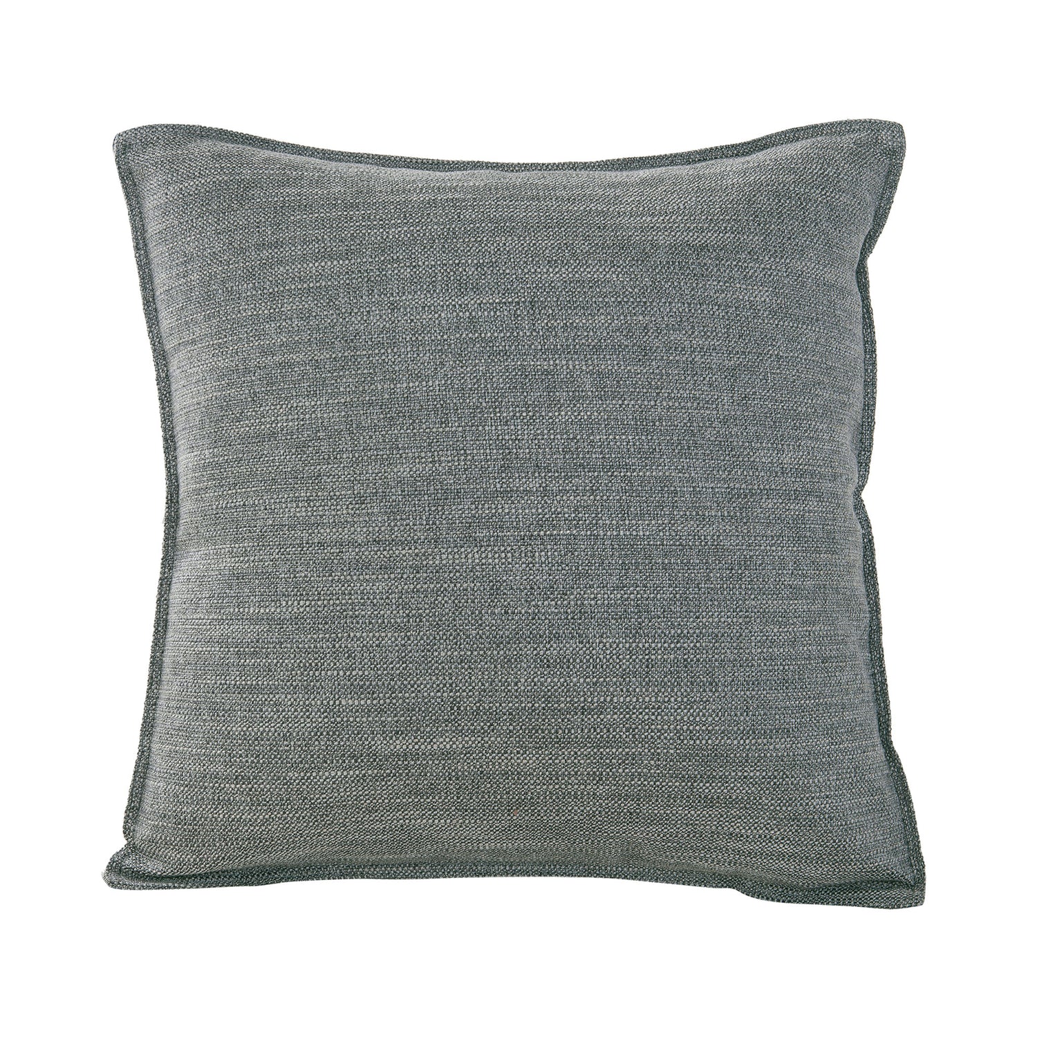 Square pewter grey linen-look cushion with a 1 cm tailored edge on a white background.
