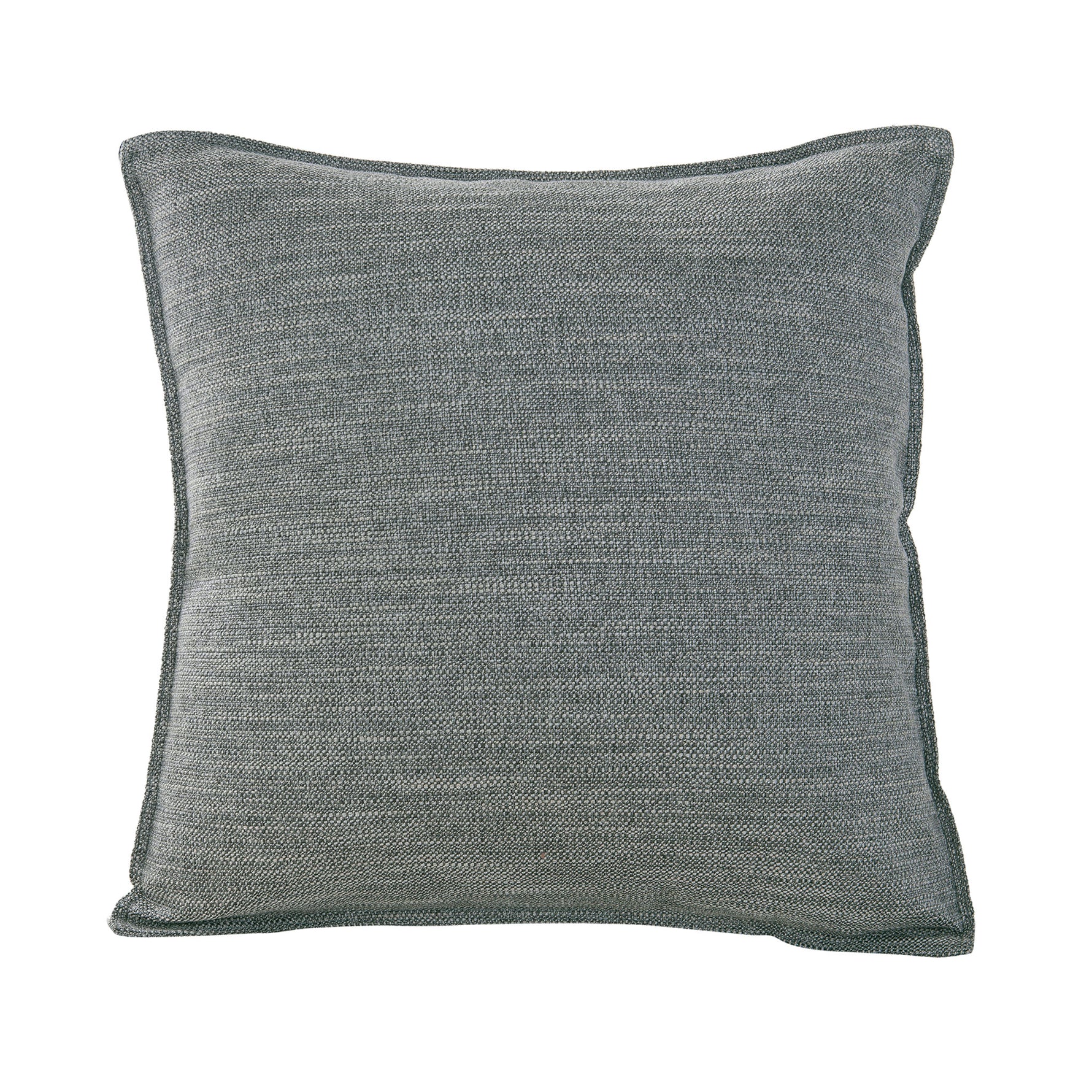 Square pewter grey linen-look cushion with a 1 cm tailored edge on a white background.