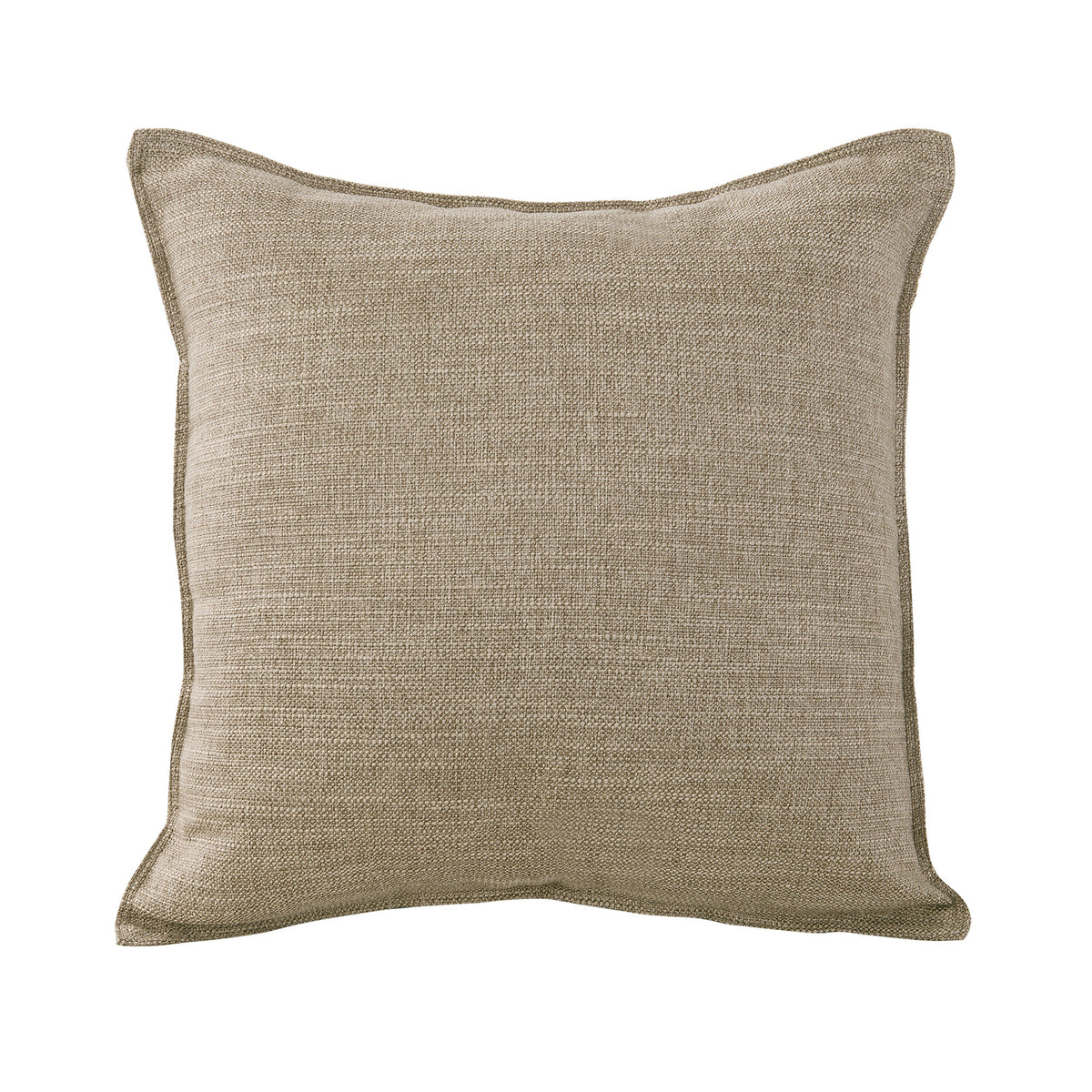 Square sand beige linen-look cushion with a 1 cm tailored edge on a white background.
