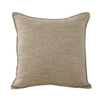 Square sand beige linen-look cushion with a 1 cm tailored edge on a white background.