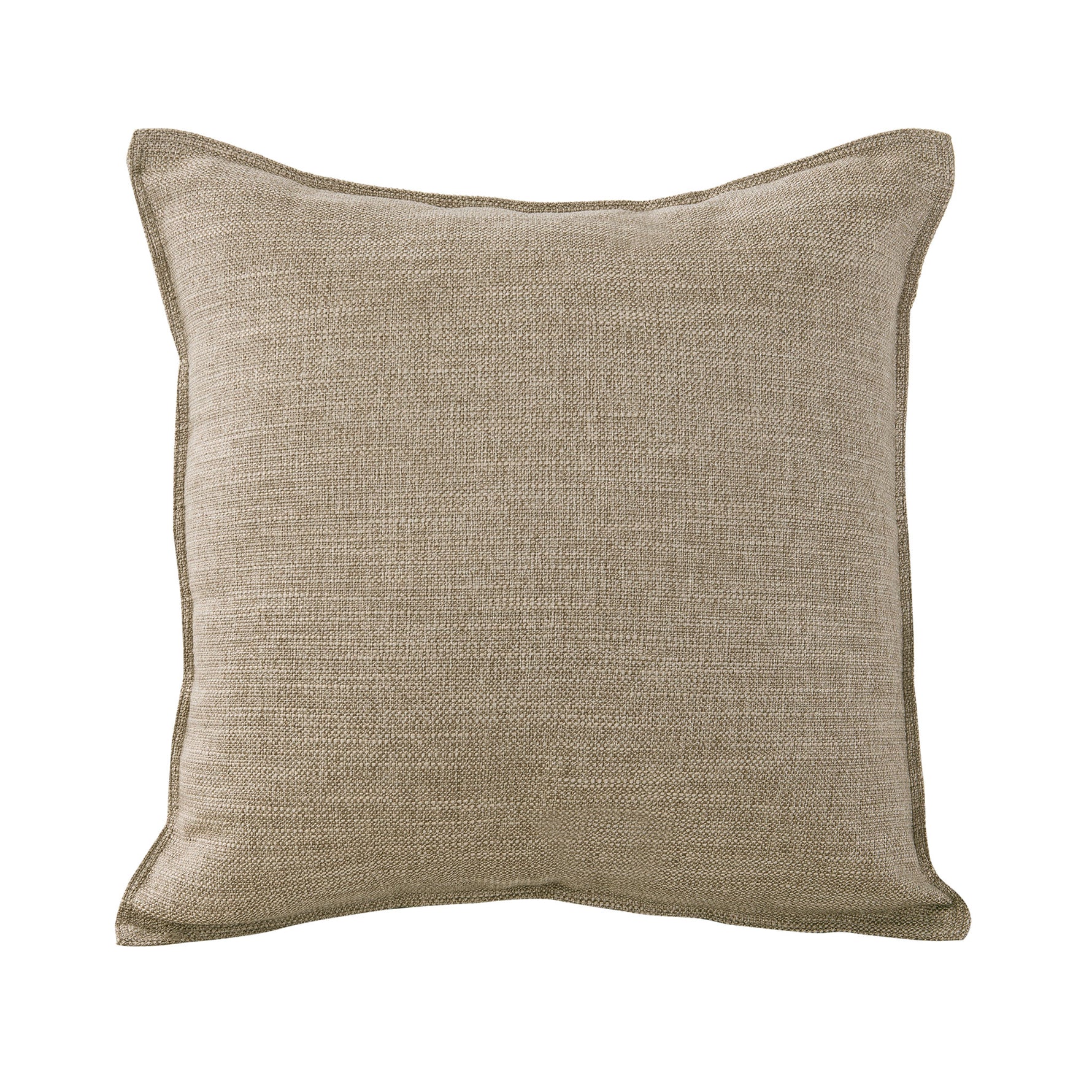 Square sand beige linen-look cushion with a 1 cm tailored edge on a white background.