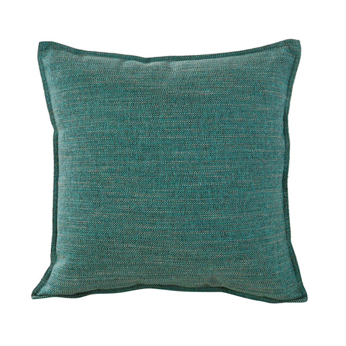 Square teal green linen-look cushion with a 1 cm tailored edge on a white background.