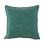 Square teal green linen-look cushion with a 1 cm tailored edge on a white background.