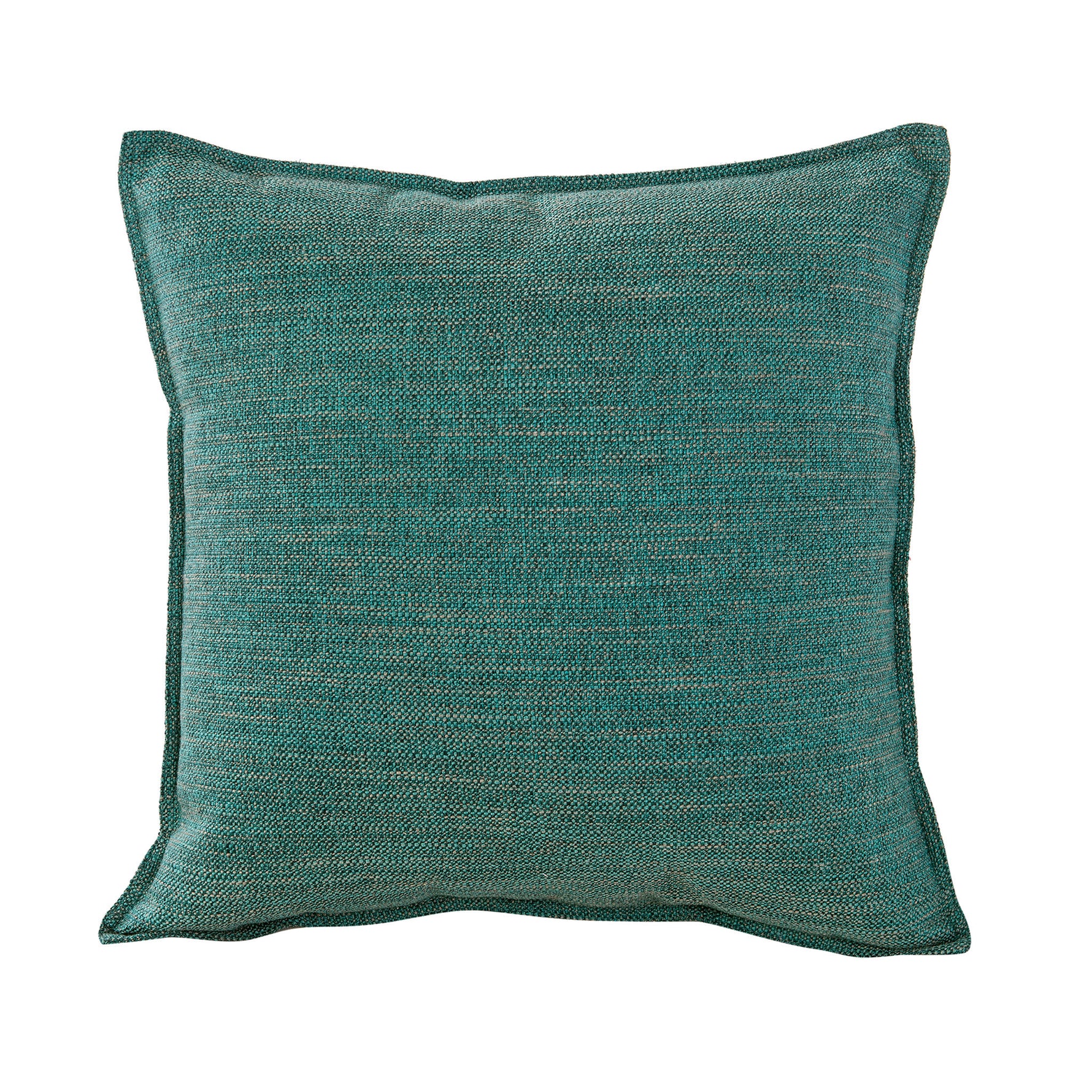 Square teal green linen-look cushion with a 1 cm tailored edge on a white background.